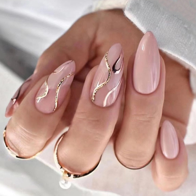 24Pcs Round Head Fake Nails with French Design Long Almond Pink Love False Nail Tips Wearable Acrylic Full Cover Press on Nails 233