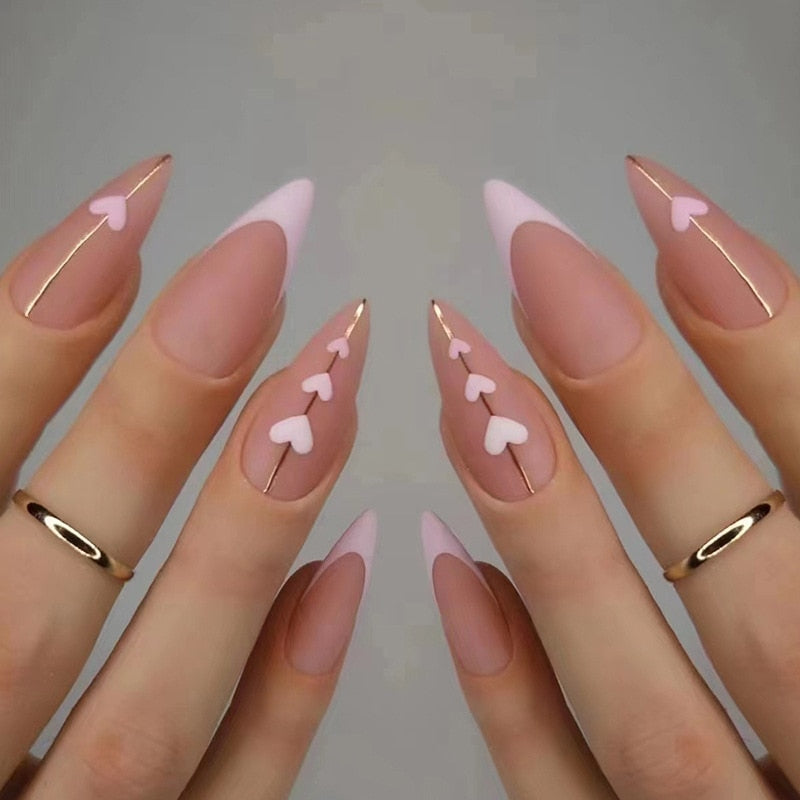 24Pcs Round Head Fake Nails with French Design Long Almond Pink Love False Nail Tips Wearable Acrylic Full Cover Press on Nails AMAIO