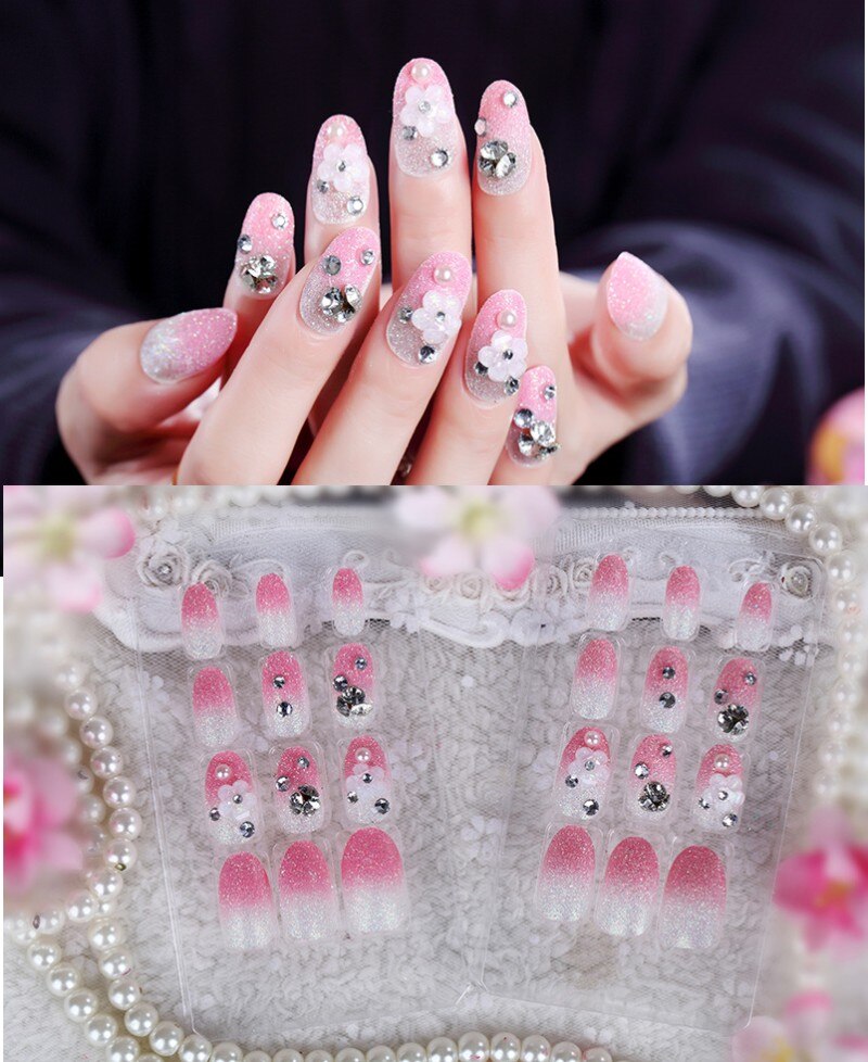 24Pcs/Set Fake Nails Press on Girls Finger Beauty False Nail Art Tips Bright Shining 3D Diamond Full Cover French Nail Art Tips AL219