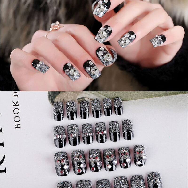 24Pcs/Set Fake Nails Press on Girls Finger Beauty False Nail Art Tips Bright Shining 3D Diamond Full Cover French Nail Art Tips AL42