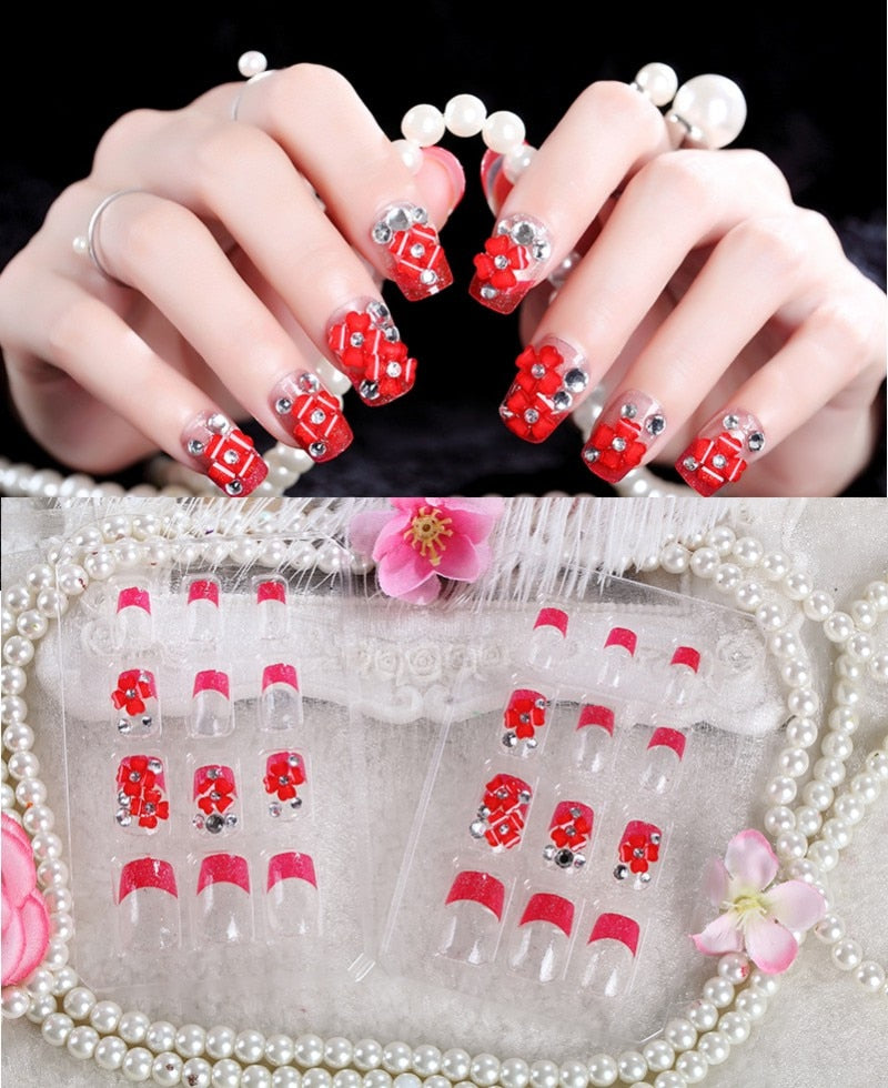 24Pcs/Set Fake Nails Press on Girls Finger Beauty False Nail Art Tips Bright Shining 3D Diamond Full Cover French Nail Art Tips AL20