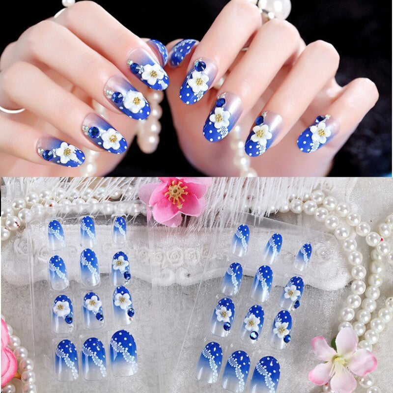 24Pcs/Set Fake Nails Press on Girls Finger Beauty False Nail Art Tips Bright Shining 3D Diamond Full Cover French Nail Art Tips AL182