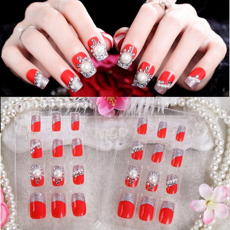 24Pcs/Set Fake Nails Press on Girls Finger Beauty False Nail Art Tips Bright Shining 3D Diamond Full Cover French Nail Art Tips AL04