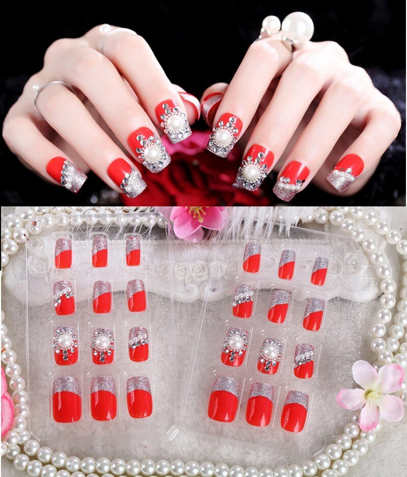 24Pcs/Set Fake Nails Press on Girls Finger Beauty False Nail Art Tips Bright Shining 3D Diamond Full Cover French Nail Art Tips AL04