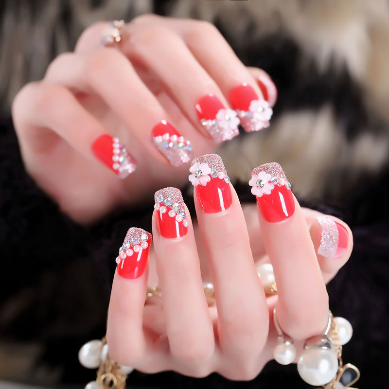 24Pcs/Set Fake Nails Press on Girls Finger Beauty False Nail Art Tips Bright Shining 3D Diamond Full Cover French Nail Art Tips