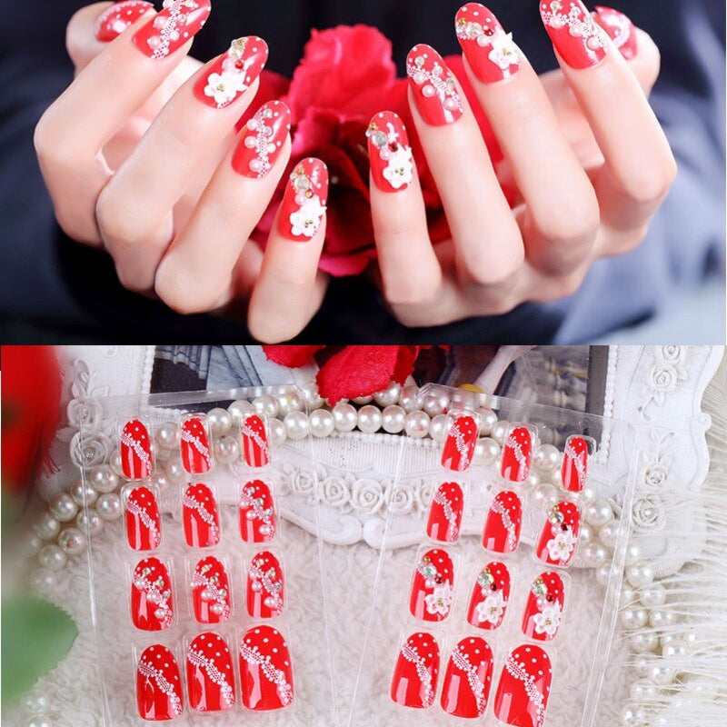 24Pcs/Set Fake Nails Press on Girls Finger Beauty False Nail Art Tips Bright Shining 3D Diamond Full Cover French Nail Art Tips AL73