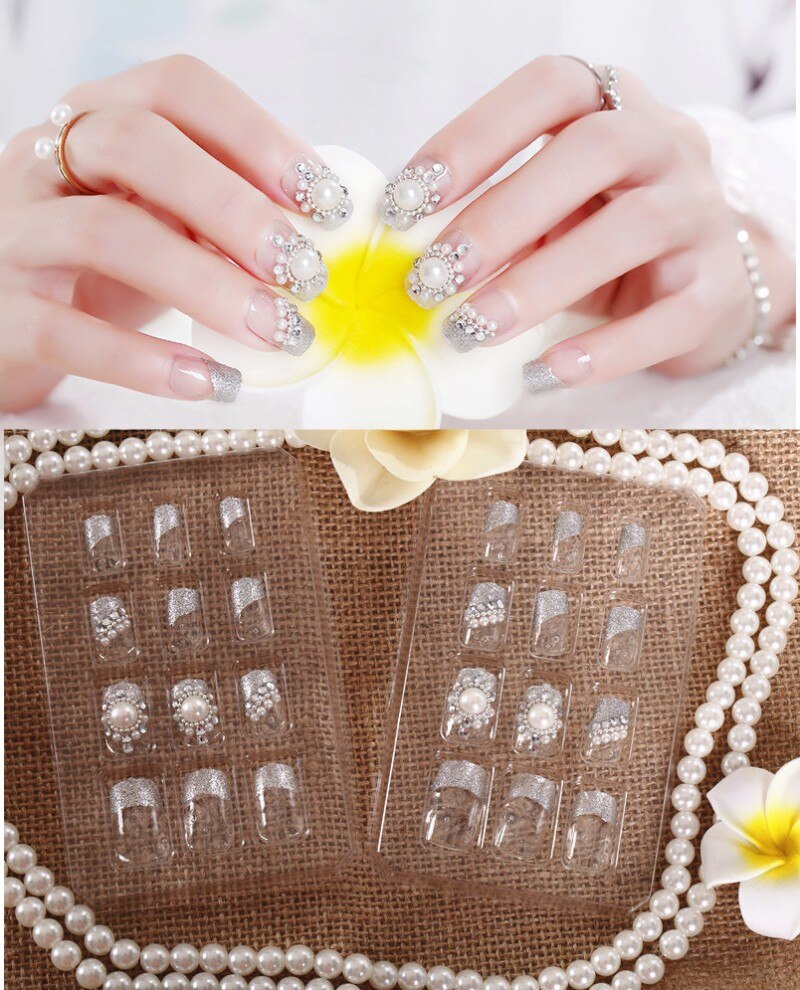 24Pcs/Set Fake Nails Press on Girls Finger Beauty False Nail Art Tips Bright Shining 3D Diamond Full Cover French Nail Art Tips AL12