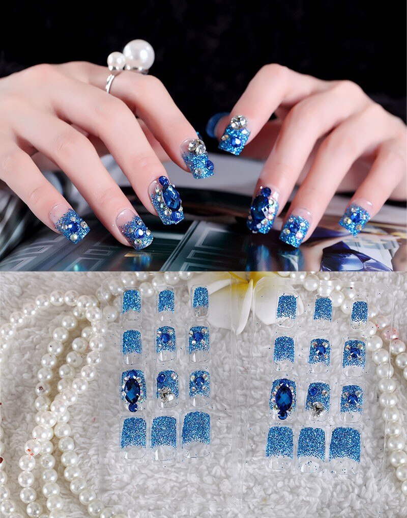 24Pcs/Set Fake Nails Press on Girls Finger Beauty False Nail Art Tips Bright Shining 3D Diamond Full Cover French Nail Art Tips AL16