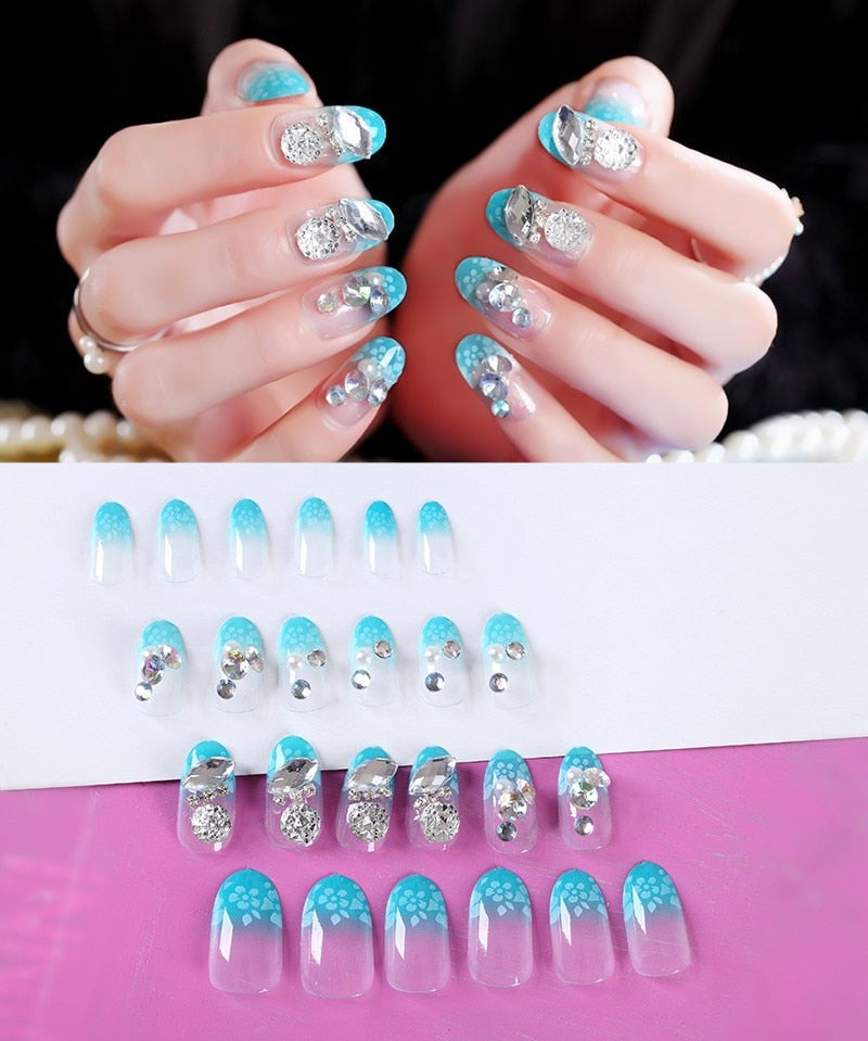 24Pcs/Set Fake Nails Press on Girls Finger Beauty False Nail Art Tips Bright Shining 3D Diamond Full Cover French Nail Art Tips AL107