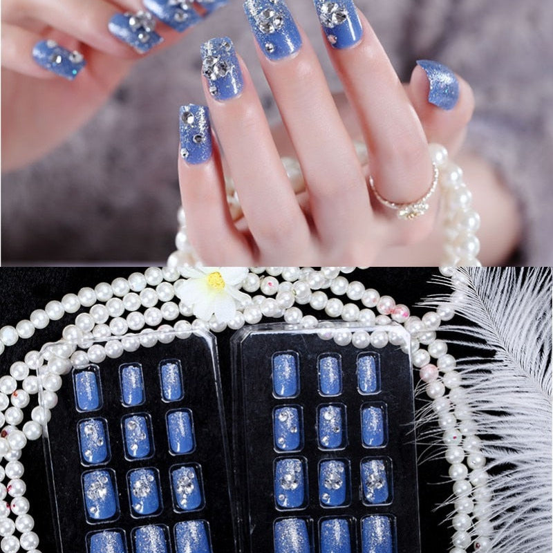 24Pcs/Set Fake Nails Press on Girls Finger Beauty False Nail Art Tips Bright Shining 3D Diamond Full Cover French Nail Art Tips AL50