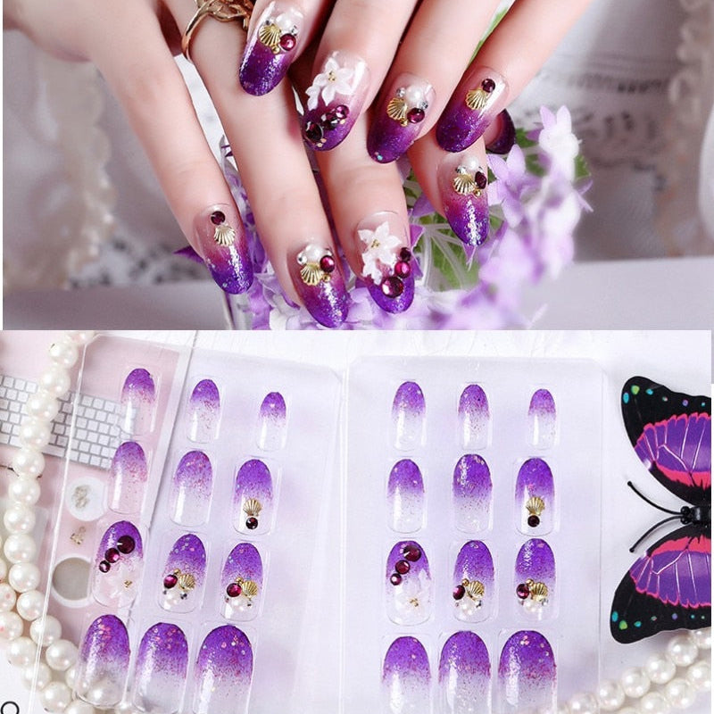 24Pcs/Set Fake Nails Press on Girls Finger Beauty False Nail Art Tips Bright Shining 3D Diamond Full Cover French Nail Art Tips AL185