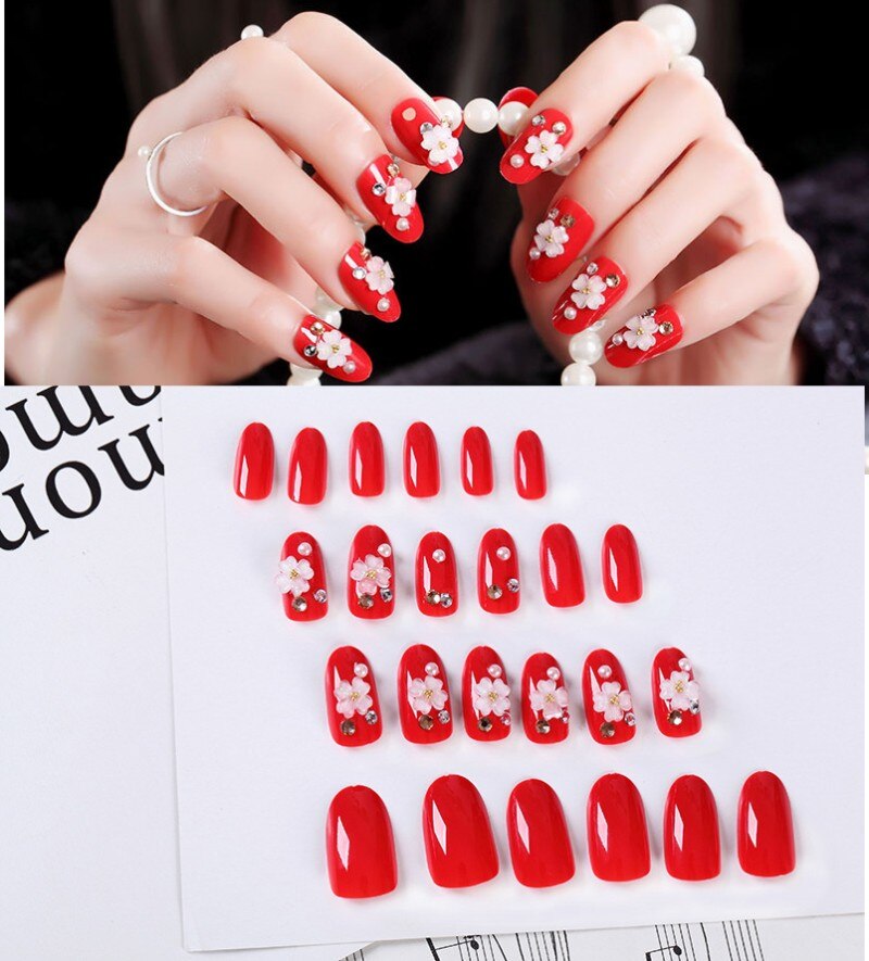 24Pcs/Set Fake Nails Press on Girls Finger Beauty False Nail Art Tips Bright Shining 3D Diamond Full Cover French Nail Art Tips AL127