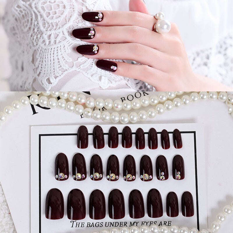 24Pcs/Set Fake Nails Press on Girls Finger Beauty False Nail Art Tips Bright Shining 3D Diamond Full Cover French Nail Art Tips AL52