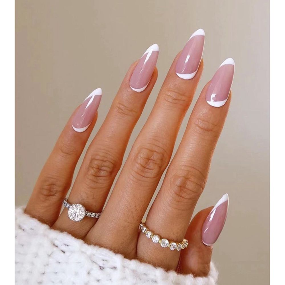 24Pcs/Set Fake Nails With Glue Full Cover Nail Tips Press On Med Nails DIY Manicure Oval Head False Nails Pink Almond Artificial Y09 -24Pcs-Set