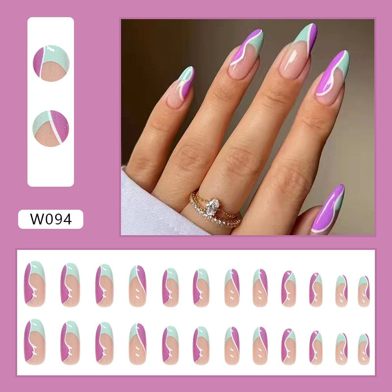 24Pcs/Set Fake Nails With Glue Full Cover Nail Tips Press On Med Nails DIY Manicure Oval Head False Nails Pink Almond Artificial W094 -24Pcs-Set