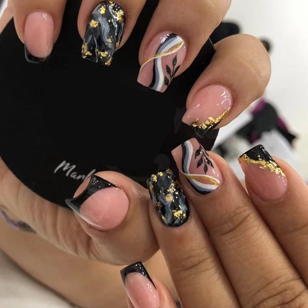 24Pcs Short Square False Nails with Jelly Adhesive Glitter Gradient Design Detachable Fake Fingernails Full Cover Press on Nails a2