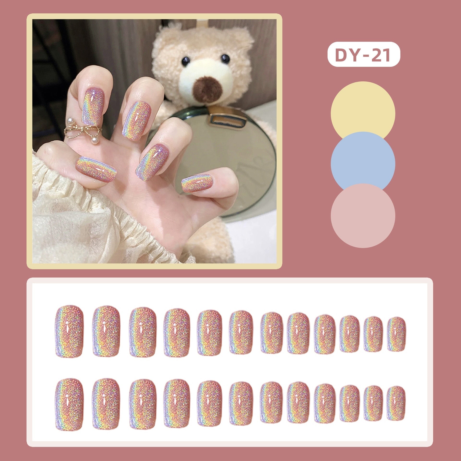 24Pcs Short Square Head False Nails Wearable Cat eye Glitter Sequins Diamond Fake Nails Full Cover Nail Tips Press On Nails 9