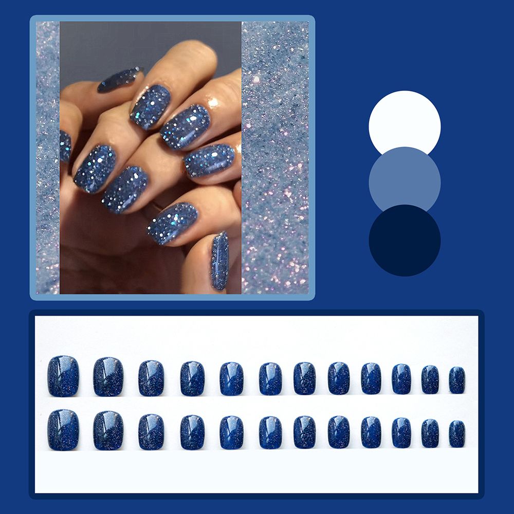 24Pcs Short Square Head False Nails Wearable Cat eye Glitter Sequins Diamond Fake Nails Full Cover Nail Tips Press On Nails 1