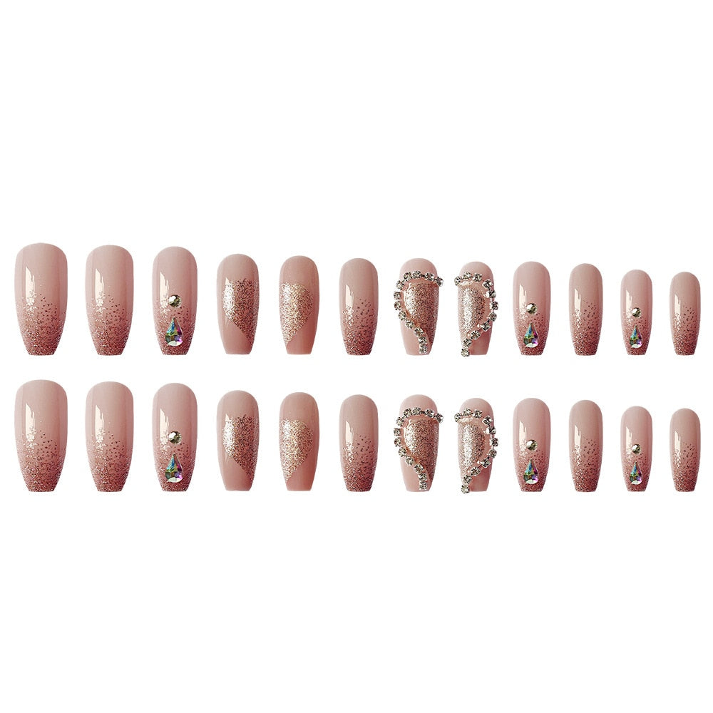 24Pcs Super Shiny False Nails 3D Drop Diamond y2k Mid-length Coffin Ballet Fake Nails Full Finished Fake Nail Patches For Girls