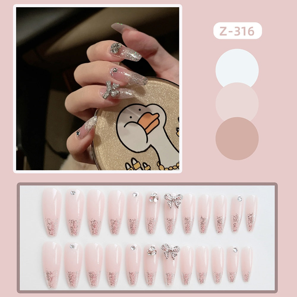 24Pcs Super Shiny False Nails 3D Drop Diamond y2k Mid-length Coffin Ballet Fake Nails Full Finished Fake Nail Patches For Girls 5