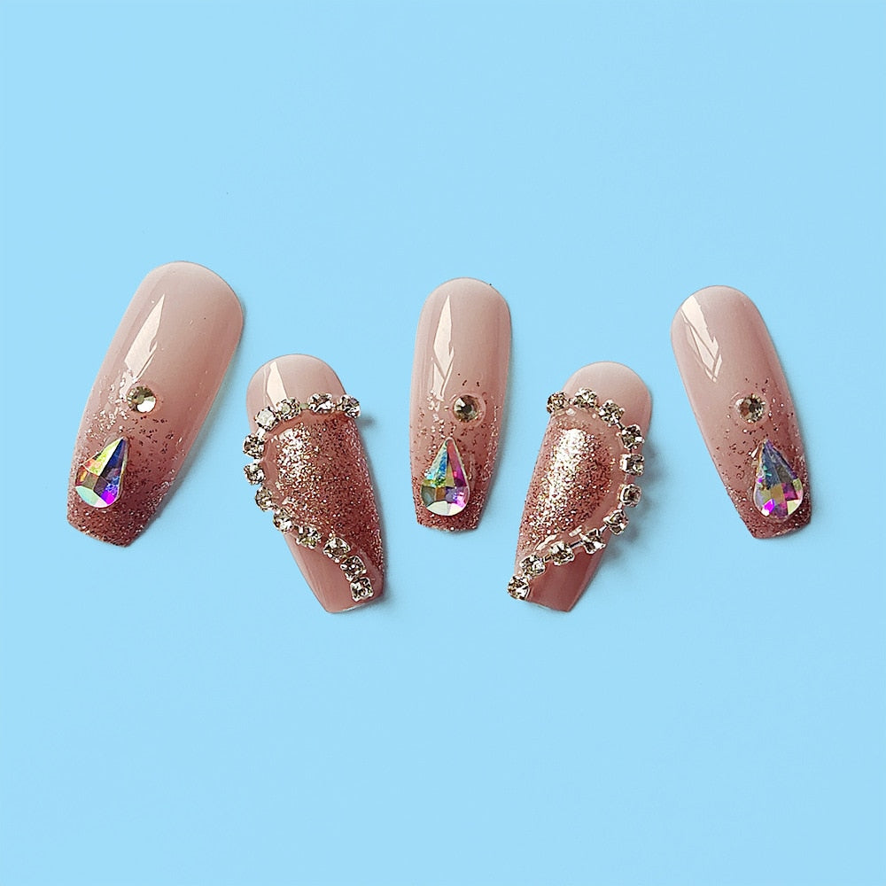 24Pcs Super Shiny False Nails 3D Drop Diamond y2k Mid-length Coffin Ballet Fake Nails Full Finished Fake Nail Patches For Girls