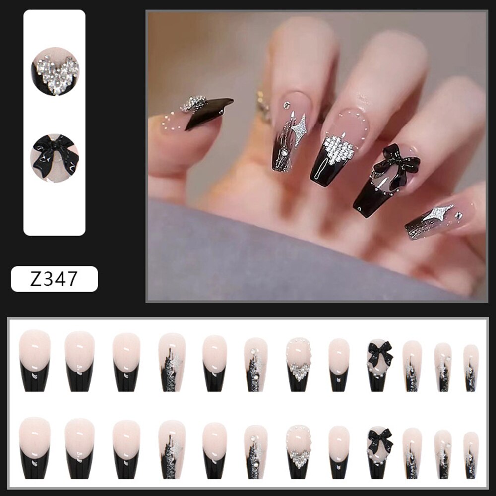 24Pcs Super Shiny False Nails 3D Drop Diamond y2k Mid-length Coffin Ballet Fake Nails Full Finished Fake Nail Patches For Girls 15