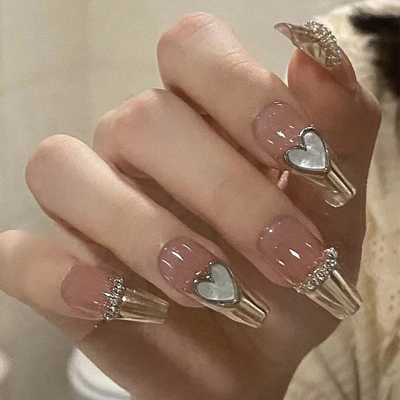 24Pcs Three-dimensional Love Heart False Nails with French Design Long Coffin Wearable Fake Nails Rhinestone Press on Nails Tips 341