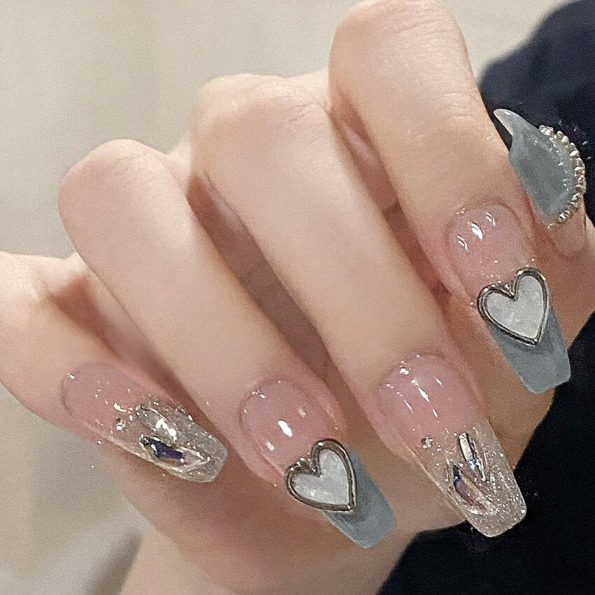 24Pcs Three-dimensional Love Heart False Nails with French Design Long Coffin Wearable Fake Nails Rhinestone Press on Nails Tips A34