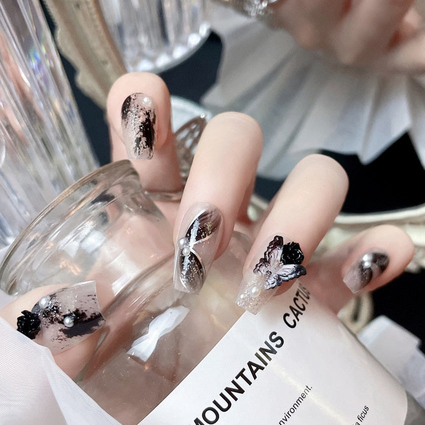 24Pcs Three-dimensional Love Heart False Nails with French Design Long Coffin Wearable Fake Nails Rhinestone Press on Nails Tips X104