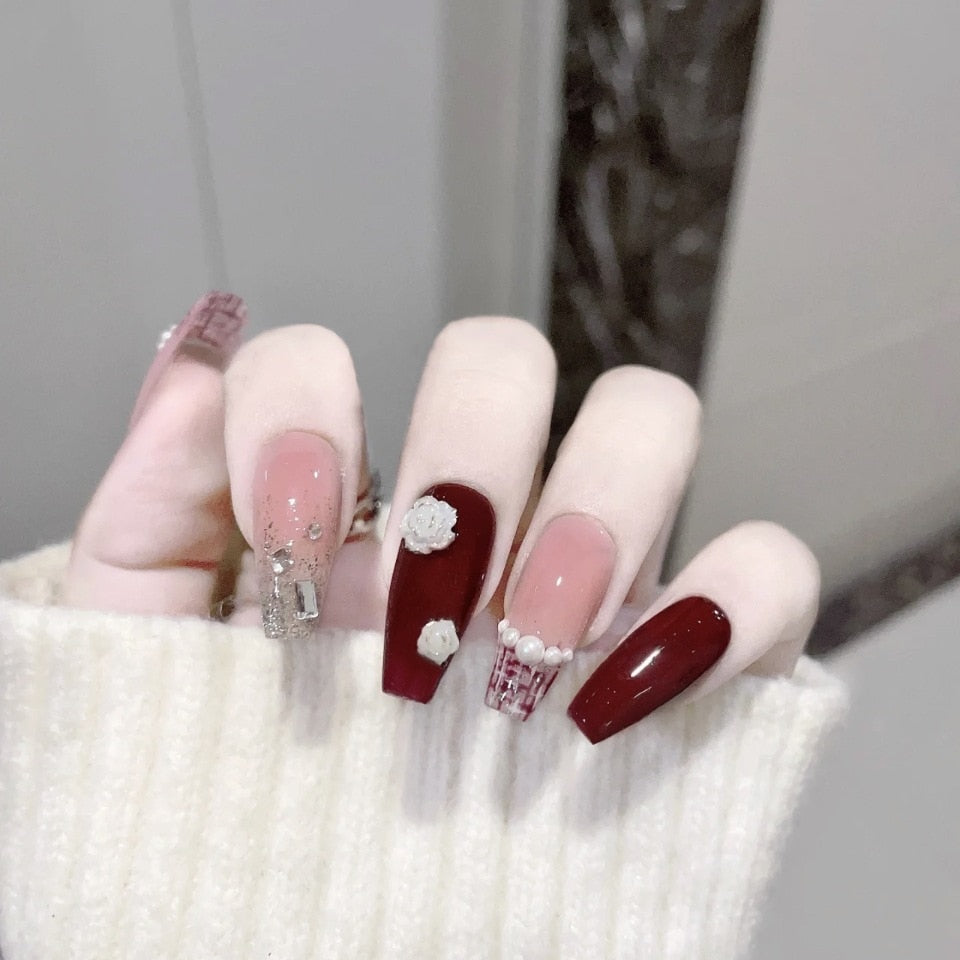 24Pcs Three-dimensional Love Heart False Nails with French Design Long Coffin Wearable Fake Nails Rhinestone Press on Nails Tips 496