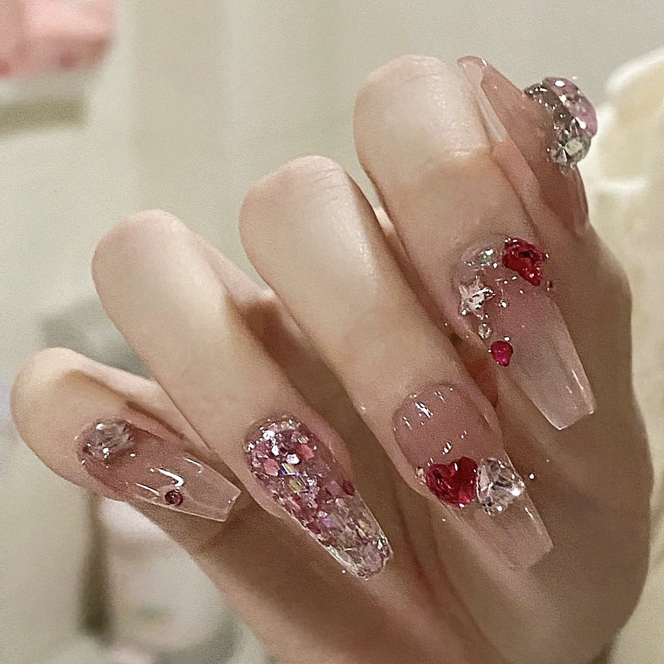 24Pcs Wearable False Nails with Glue Glitter Heart-shaped Rhinestone Design Full Cover Nail Tips Acrylic Fake Nails Press on AMAIO