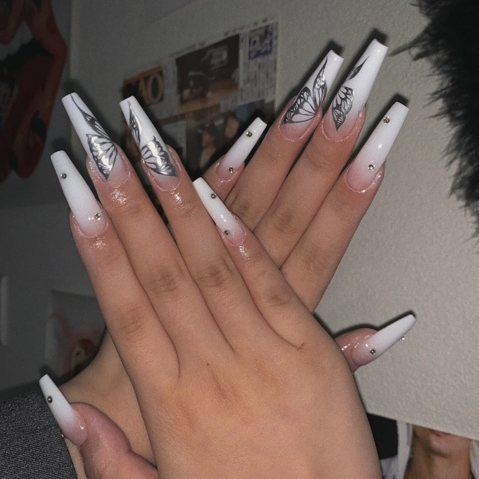 24Pcs Yellow False Nails Long Coffin Flower Butterfly with Rhinestones French Design Wearable Fake Nails Press on Nails Tips Z-94