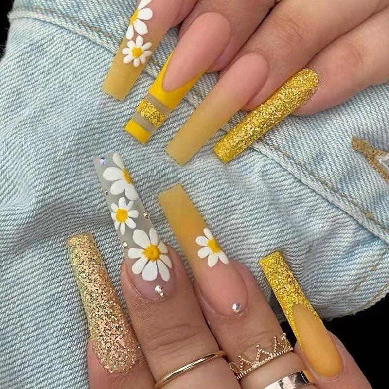 24Pcs Yellow False Nails Long Coffin Flower Butterfly with Rhinestones French Design Wearable Fake Nails Press on Nails Tips 145