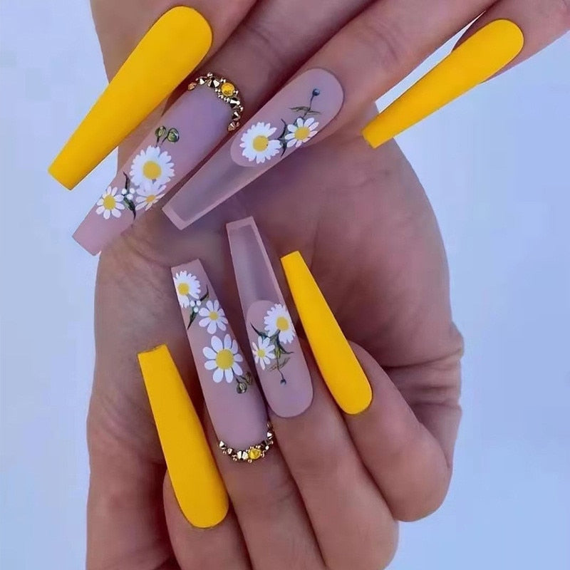24Pcs Yellow False Nails Long Coffin Flower Butterfly with Rhinestones French Design Wearable Fake Nails Press on Nails Tips 1964