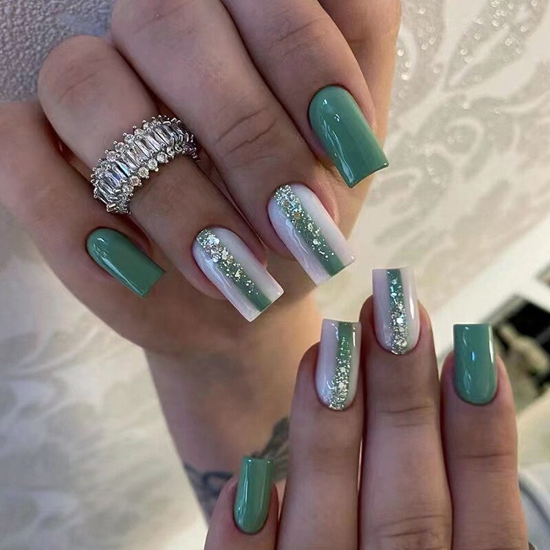 24Pcs Yellow False Nails Long Coffin Flower Butterfly with Rhinestones French Design Wearable Fake Nails Press on Nails Tips 538