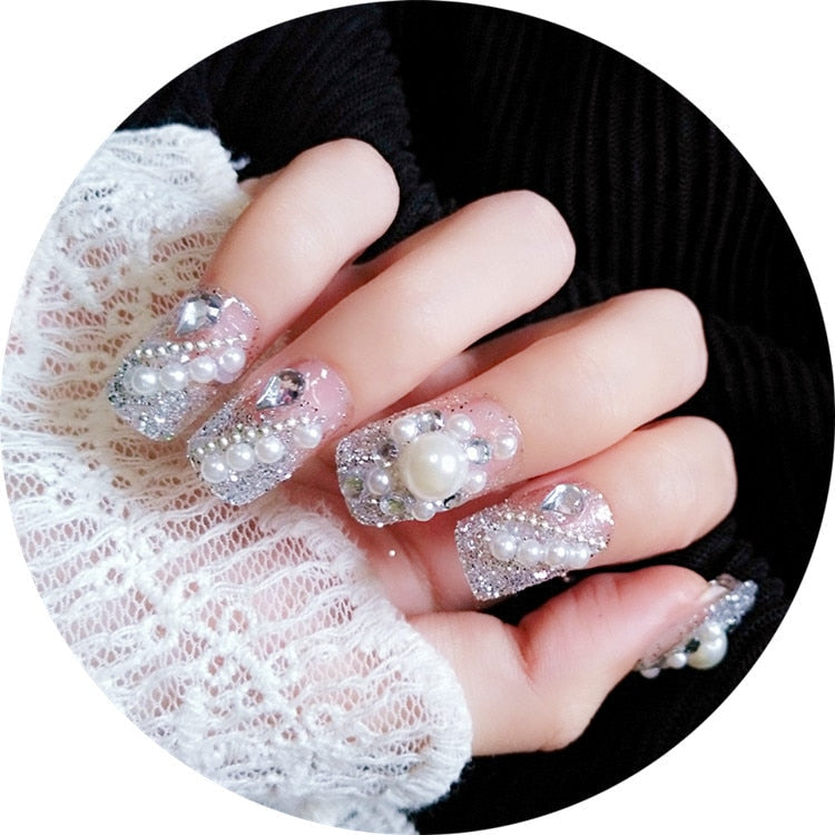 24Pcs/box Luxe Shining Rhinestone Wedding False Nails Transparent Glitter Gems Crown Designed Square Full Short Fake Art Bride 0058