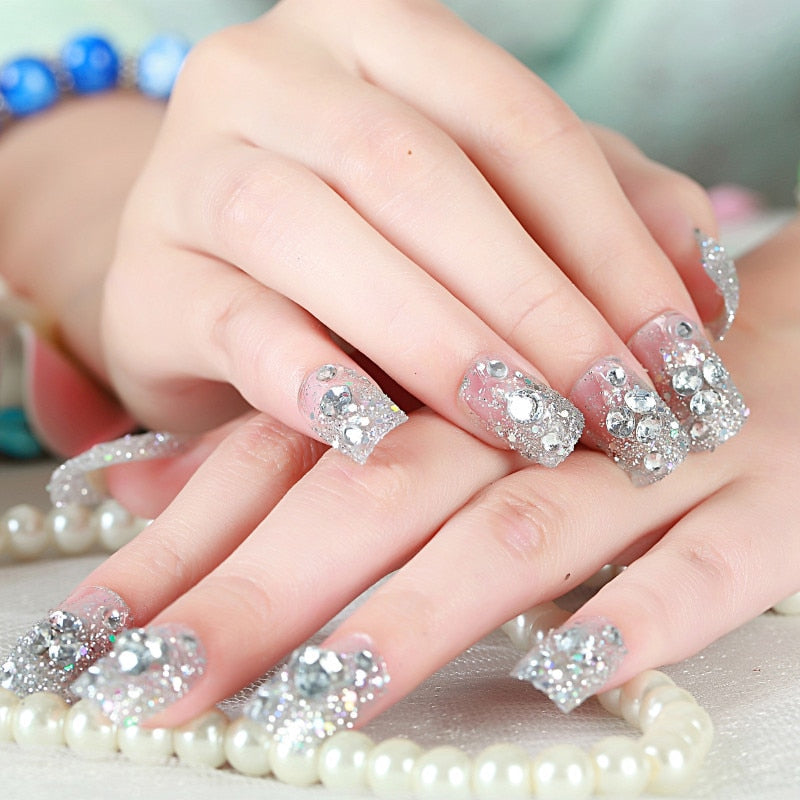 24Pcs/box Luxe Shining Rhinestone Wedding False Nails Transparent Glitter Gems Crown Designed Square Full Short Fake Art Bride 0071