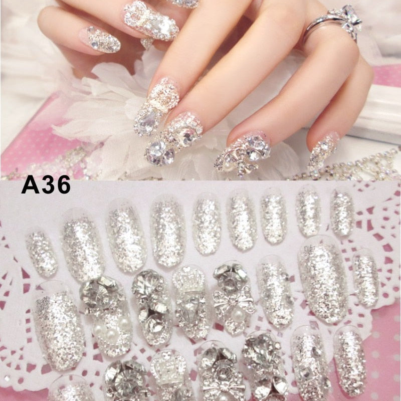 24Pcs/box Luxe Shining Rhinestone Wedding False Nails Transparent Glitter Gems Crown Designed Square Full Short Fake Art Bride A36