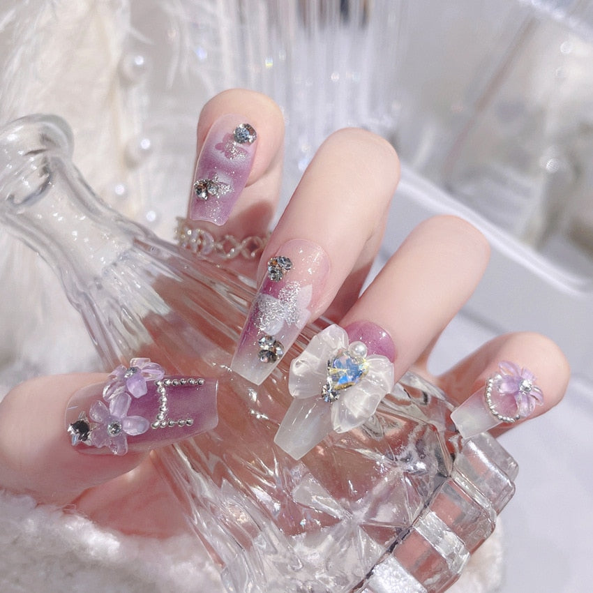 24Pcs/box Luxe Shining Rhinestone Wedding False Nails Transparent Glitter Gems Crown Designed Square Full Short Fake Art Bride A48