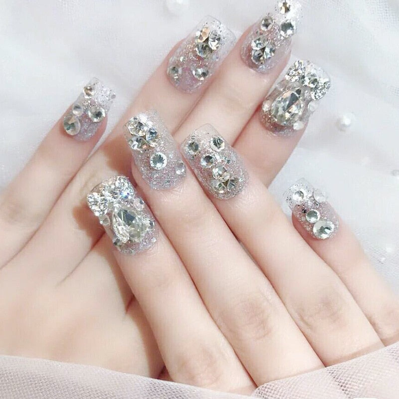24Pcs/box Luxe Shining Rhinestone Wedding False Nails Transparent Glitter Gems Crown Designed Square Full Short Fake Art Bride PCJP1036-B3