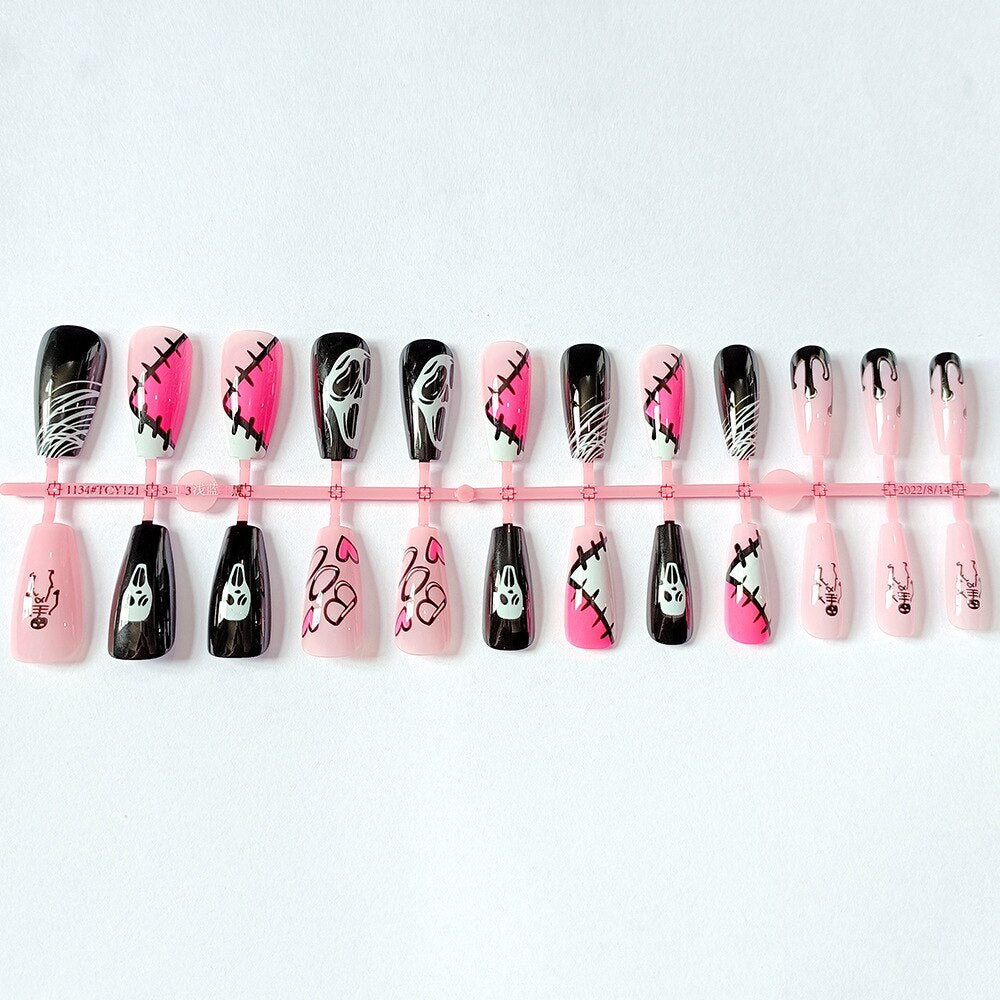 24Pcs/set Press On Nails Halloween Grimace Ballet Full Cover False Nails Diy Glue Press On Fear Nails French Manicure