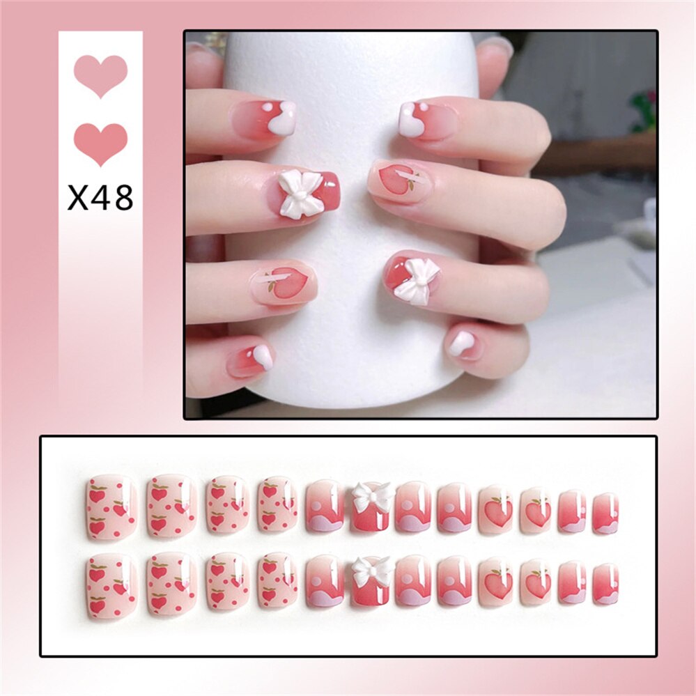 24Ps Childlike Fake Nails With Glue Cute Kawaii Personality Stick On Nails False Girls Short Press On Nail Art DIY Manicure Tool Nails With Glue X48