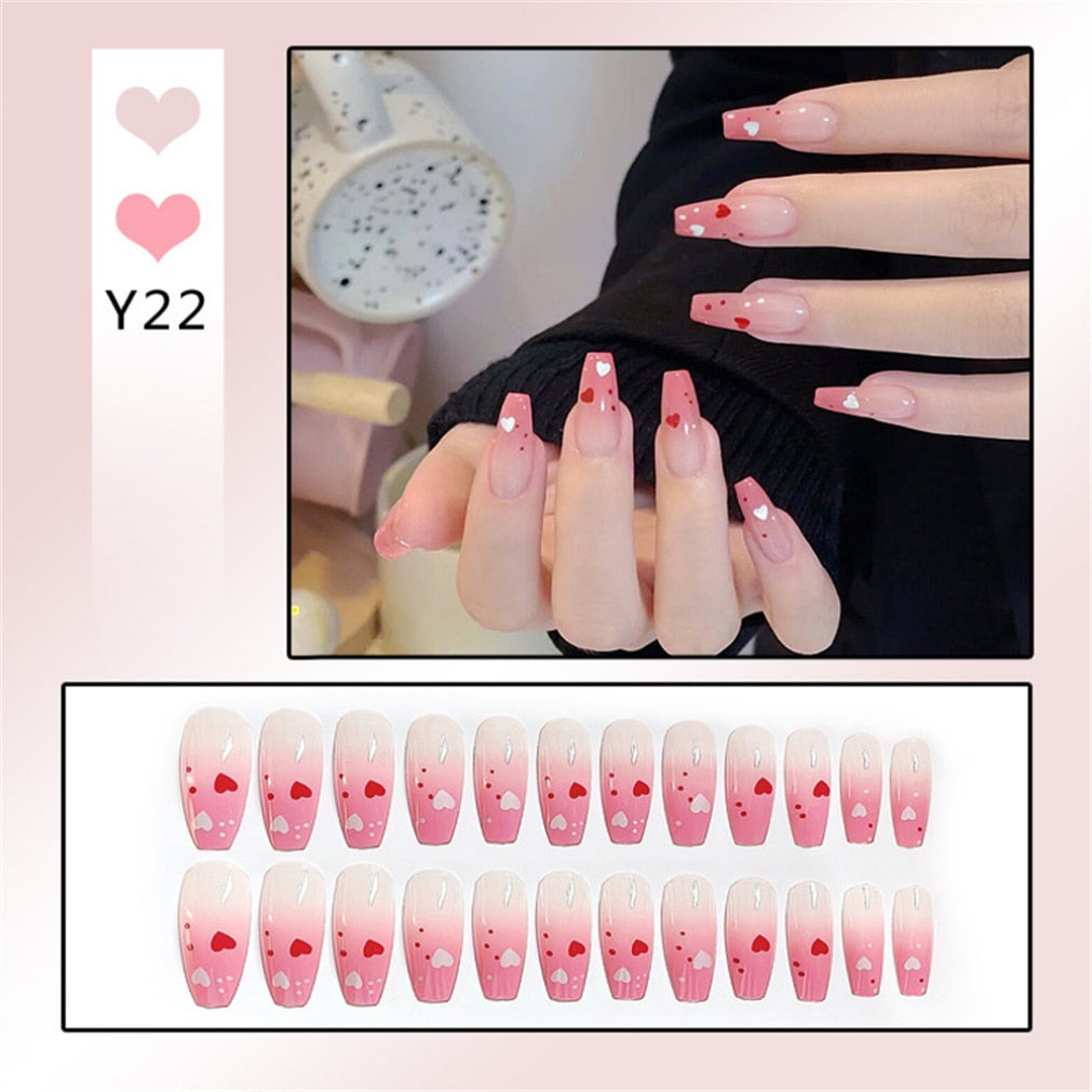 24Ps Childlike Fake Nails With Glue Cute Kawaii Personality Stick On Nails False Girls Short Press On Nail Art DIY Manicure Tool