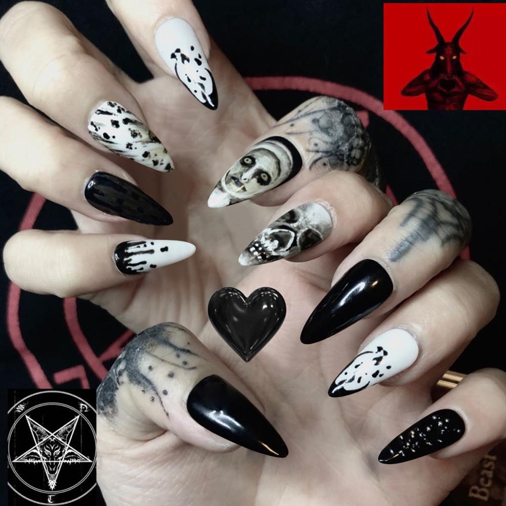 24pc/Box press on nails halloween Dark black Punk Ghost head tip nail pre design acrylic nail tip Full Cover Fake Nail AMAIO