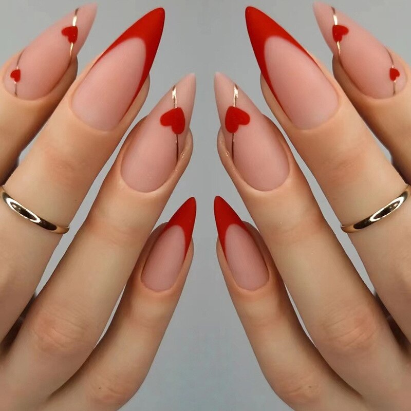 24pc detachable long Stiletto fake nails with Glitter designs french false nails with glue artificial press on nails almond long 413