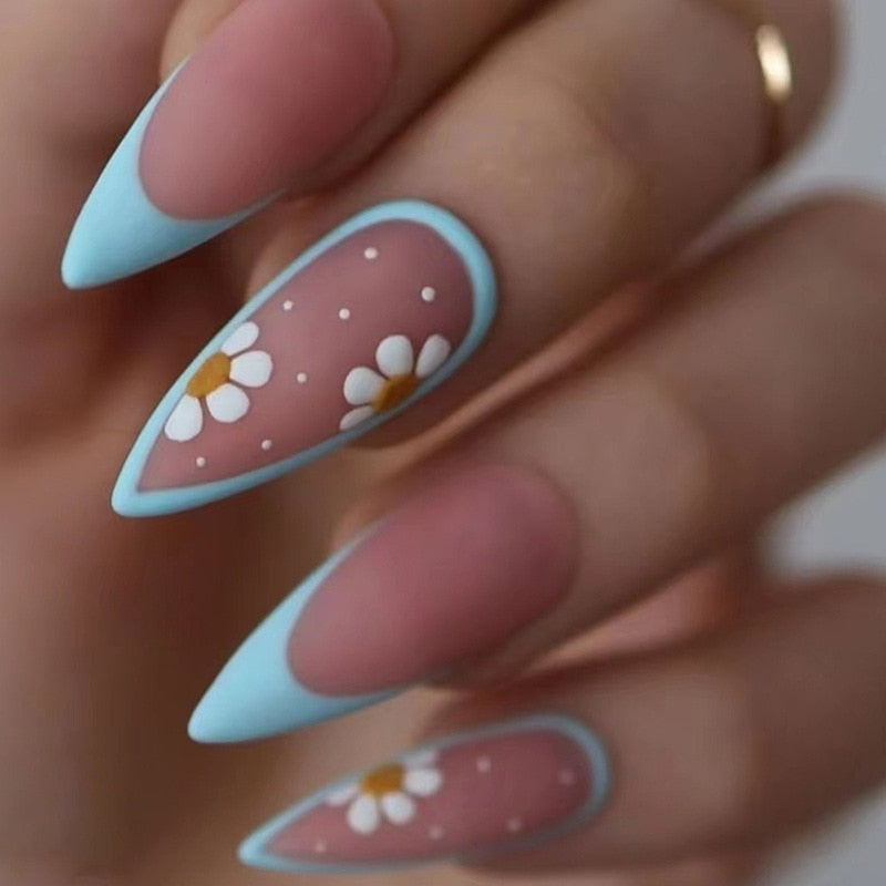 24pc detachable long Stiletto fake nails with Glitter designs french false nails with glue artificial press on nails almond long 490