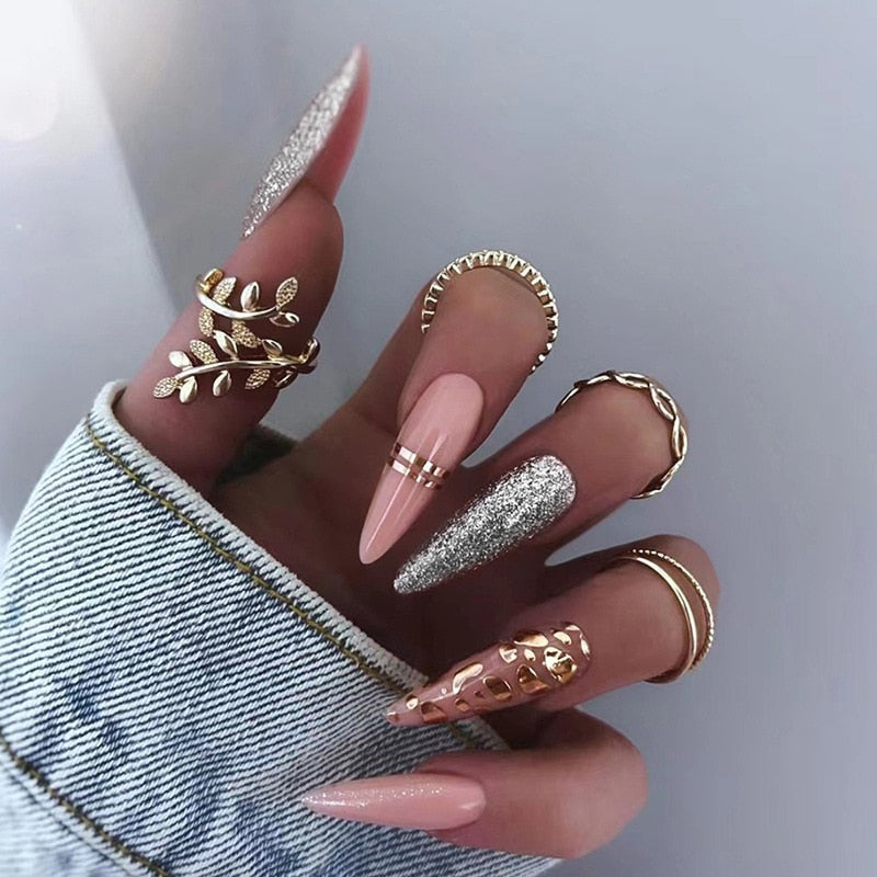 24pc detachable long Stiletto fake nails with Glitter designs french false nails with glue artificial press on nails almond long 764