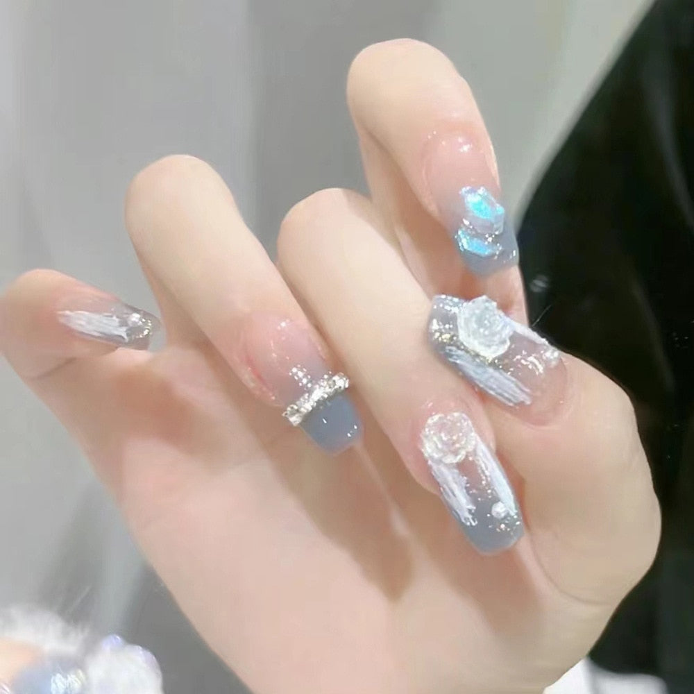 24pcs 2024 Ballet False Nail Full Cover Fake Nail Butterfly Love Nails Tip French Coffin Nails Press on Nails