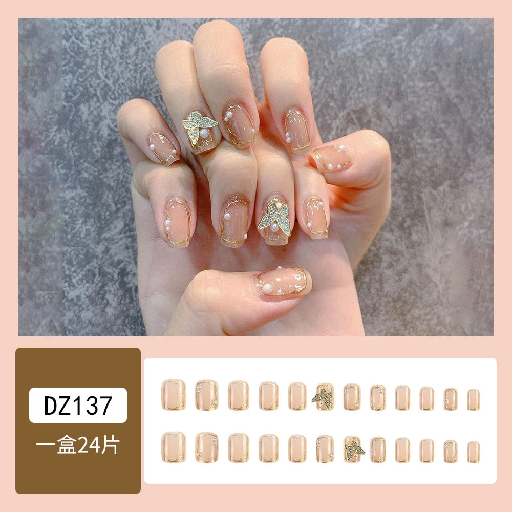 24pcs 2024 Ballet False Nail Full Cover Fake Nail Butterfly Love Nails Tip French Coffin Nails Press on Nails DZ137