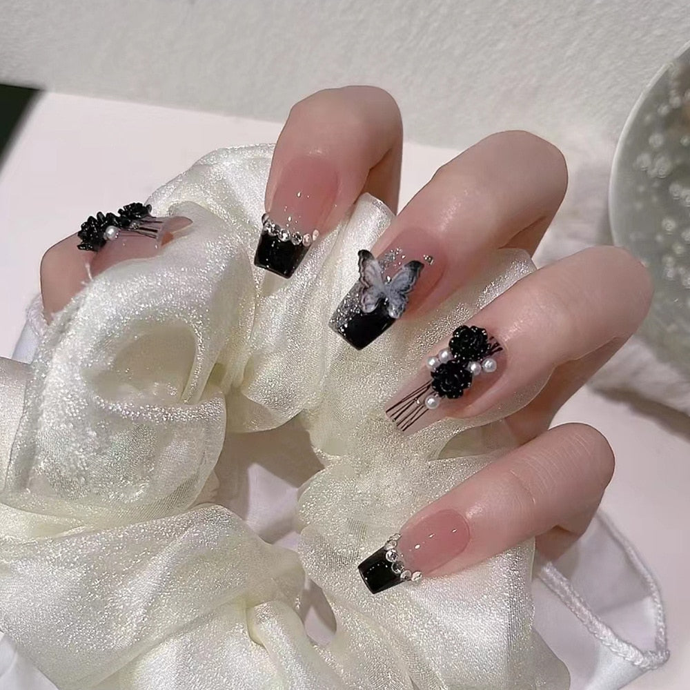 24pcs 2024 Ballet False Nail Full Cover Fake Nail Butterfly Love Nails Tip French Coffin Nails Press on Nails DZ107